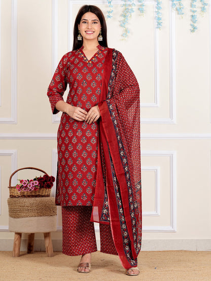 Maroon Straight Cotton Stitched Kurta Set