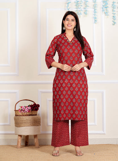 Maroon Straight Cotton Stitched Kurta Set