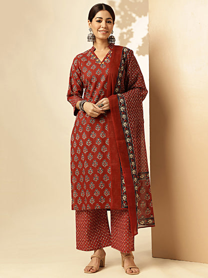 Maroon Floral Printed Straight Cotton Stitched Kurta Set