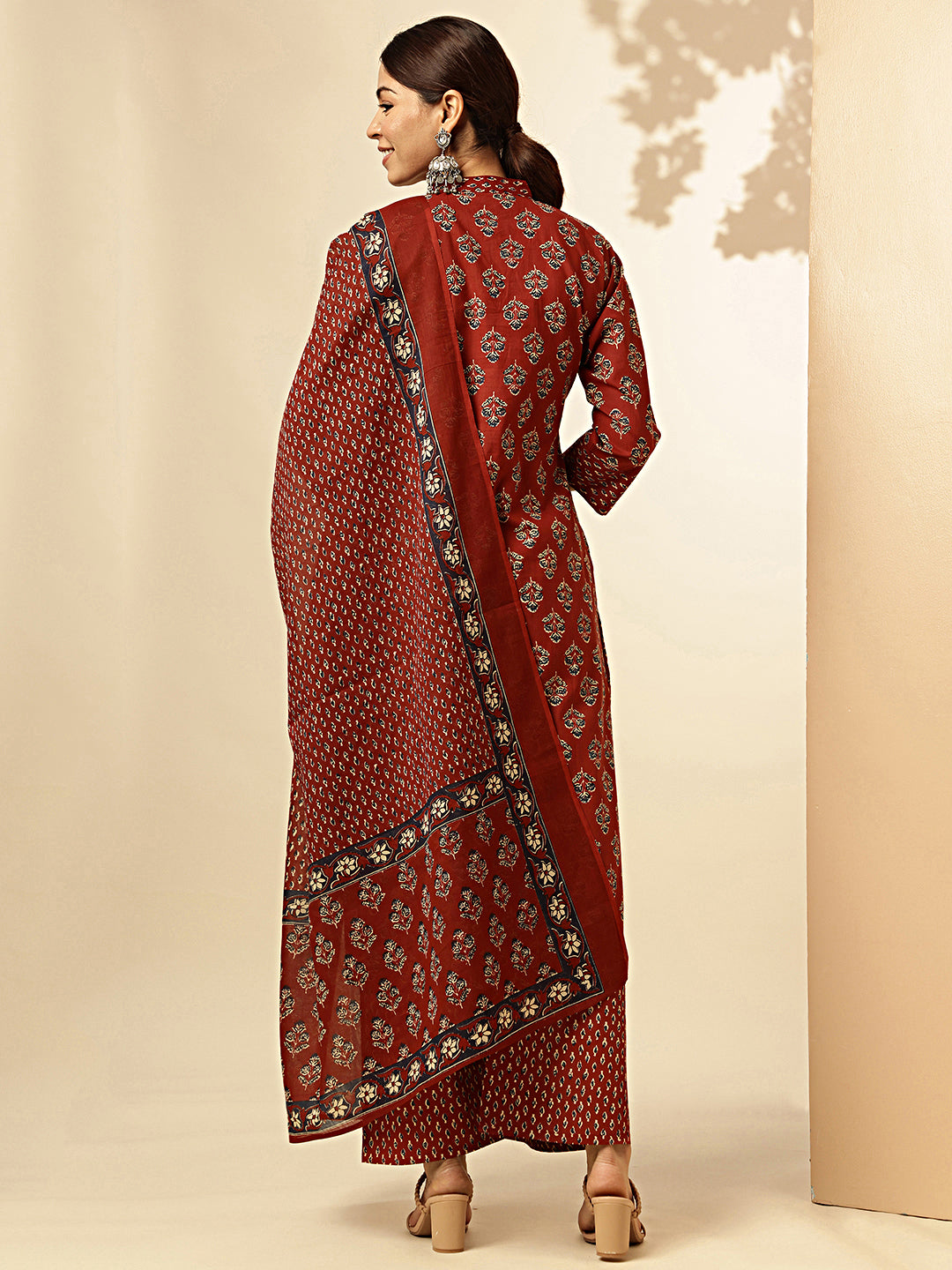 Maroon Floral Printed Straight Cotton Stitched Kurta Set