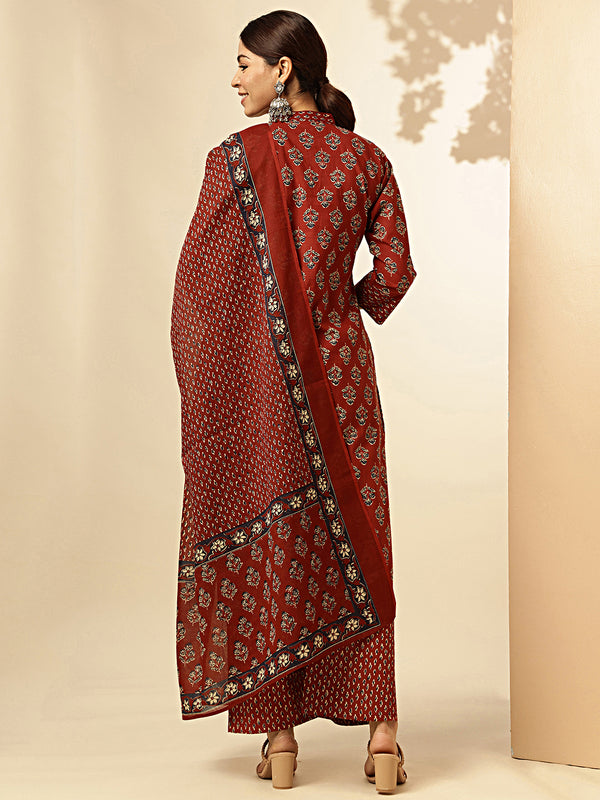 Mirror Work Straight Cotton Maroon Stitched Kurta Plazzo With Dupatta