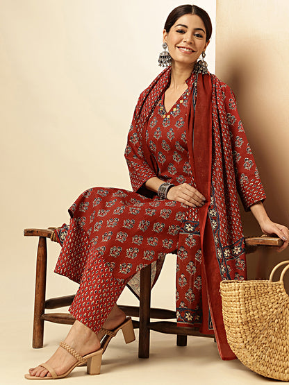 Maroon Floral Printed Straight Cotton Stitched Kurta Set