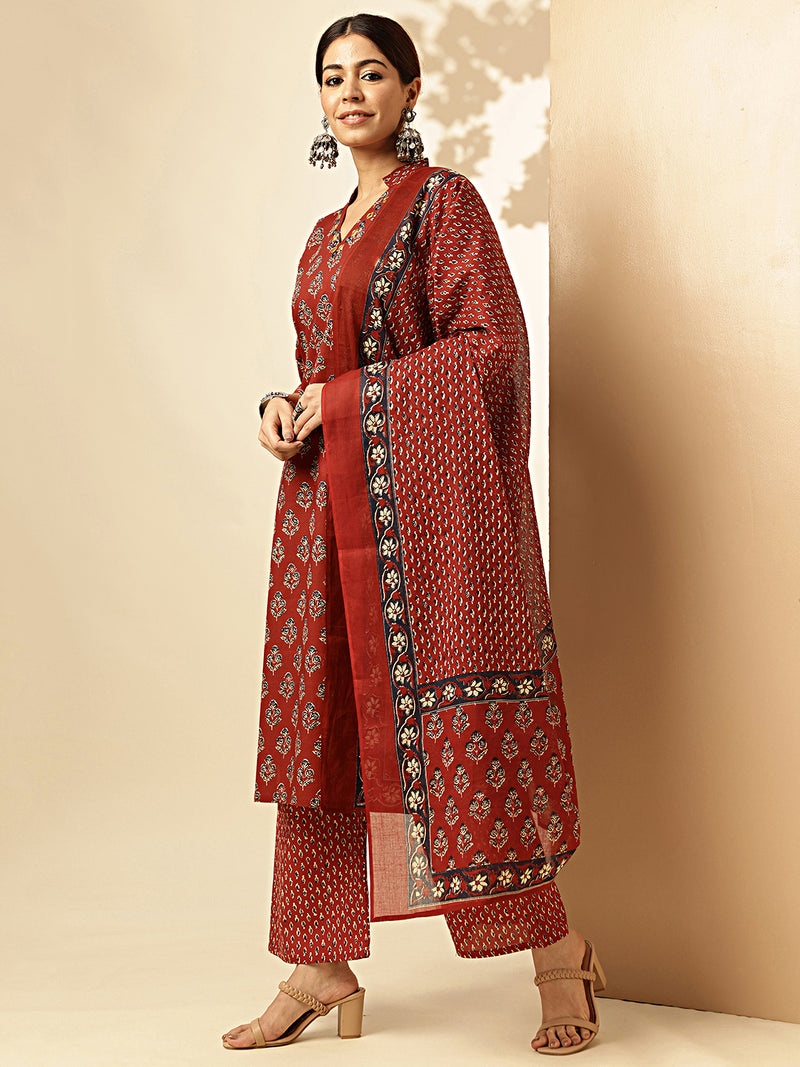 Maroon Floral Printed Straight Cotton Stitched Kurta Set