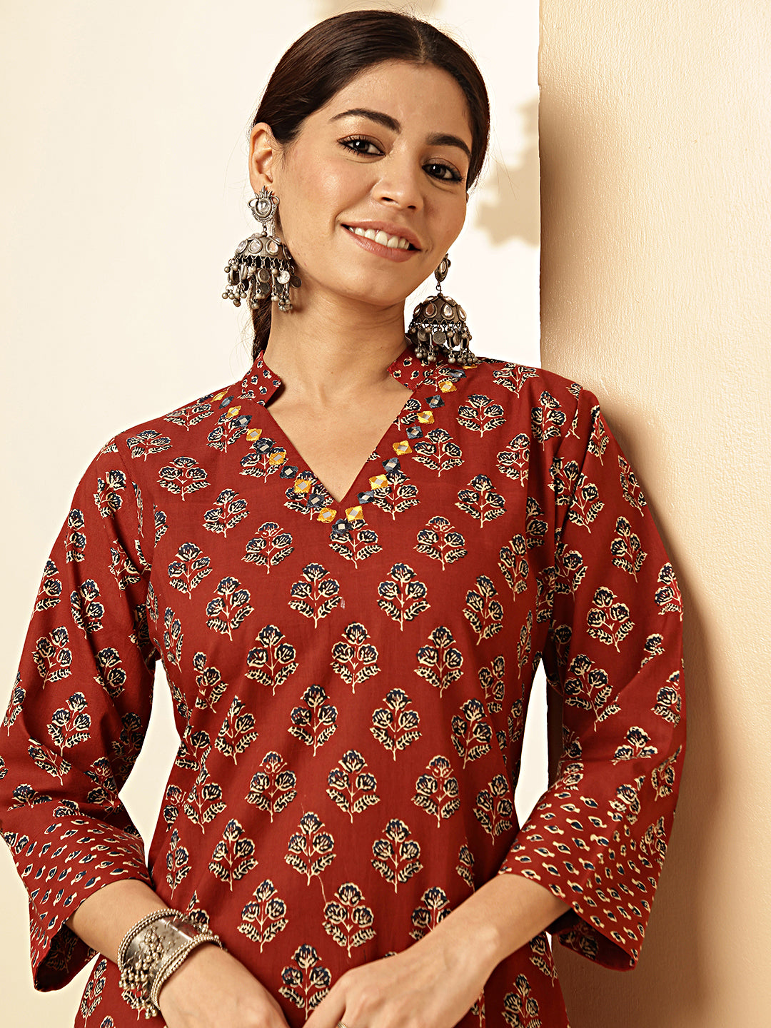 Maroon Floral Printed Straight Cotton Stitched Kurta Set