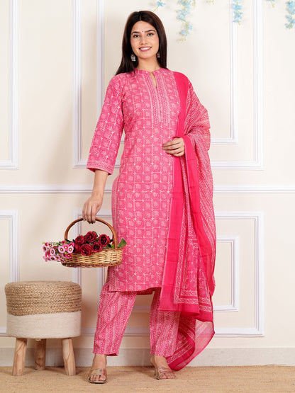 Pink Printed Straight Cotton Kurta Set