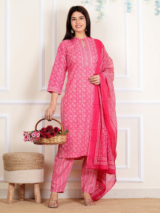 Pink Printed Straight Cotton Kurta Set