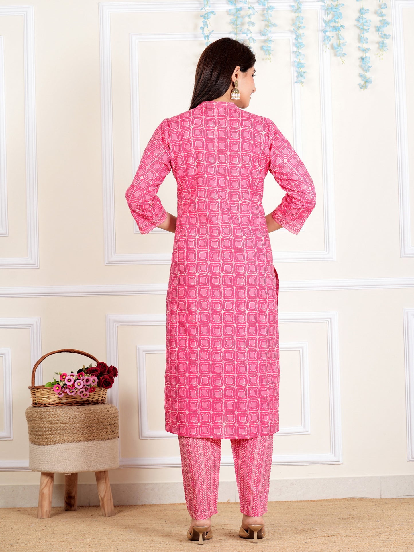 Pink Printed Straight Cotton Kurta Set