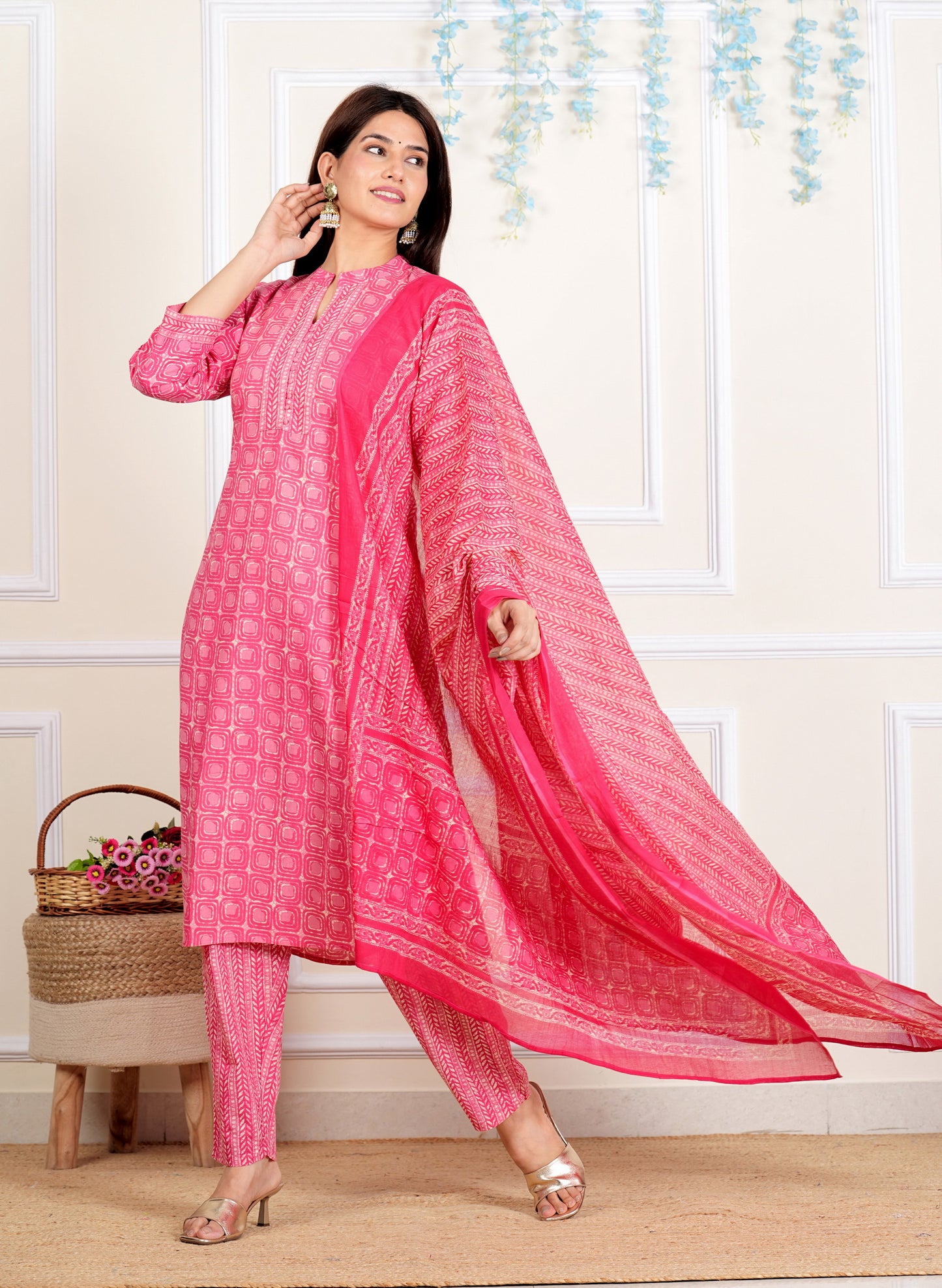 Pink Printed Straight Cotton Kurta Set