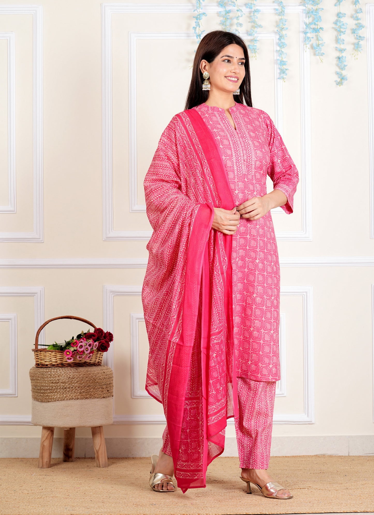 Pink Printed Straight Cotton Kurta Set