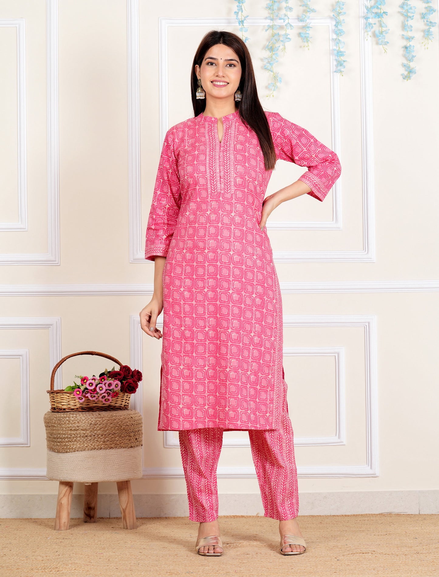 Pink Printed Straight Cotton Kurta Set