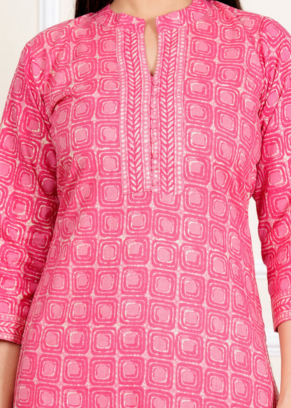 Pink Printed Straight Cotton Kurta Set