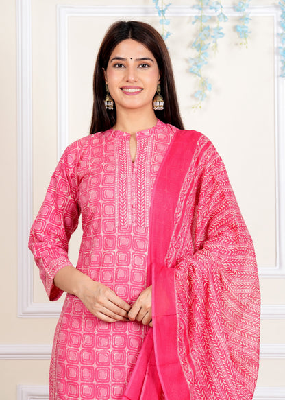 Pink Printed Straight Cotton Kurta Set