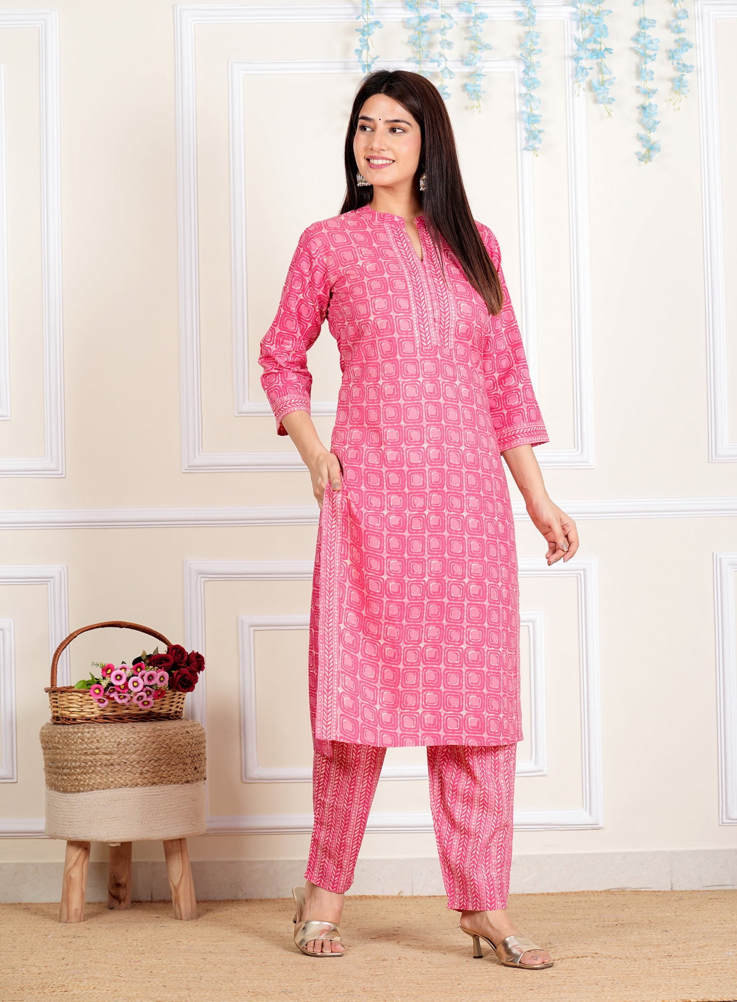 Pink Printed Straight Cotton Kurta Set