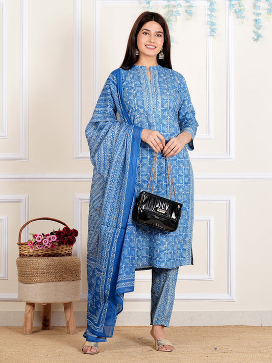 Blue Printed Straight Cotton Kurta Set