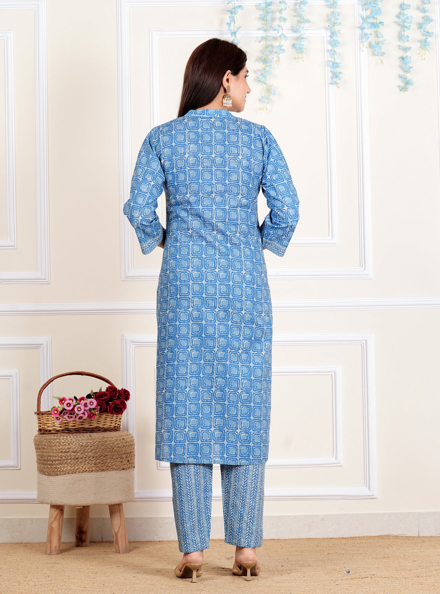 Blue Printed Straight Cotton Kurta Set