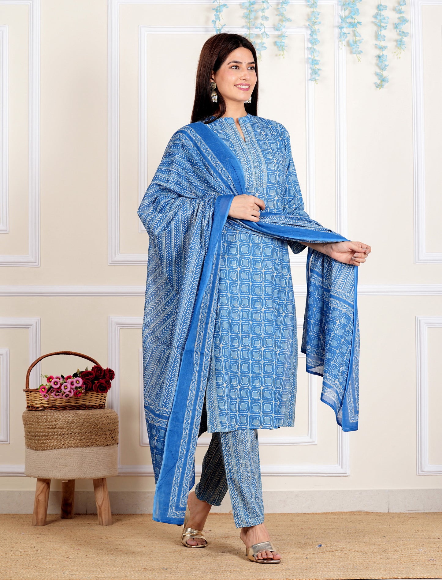 Blue Printed Straight Cotton Kurta Set