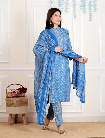 Blue Printed Straight Cotton Kurta Set