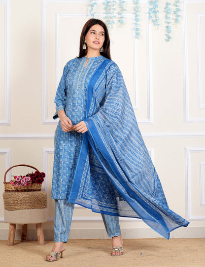 Blue Printed Straight Cotton Kurta Set