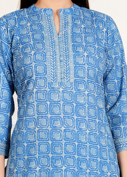 Blue Printed Straight Cotton Kurta Set