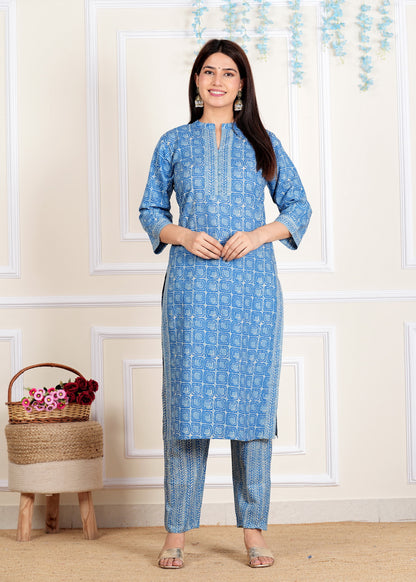 Blue Printed Straight Cotton Kurta Set