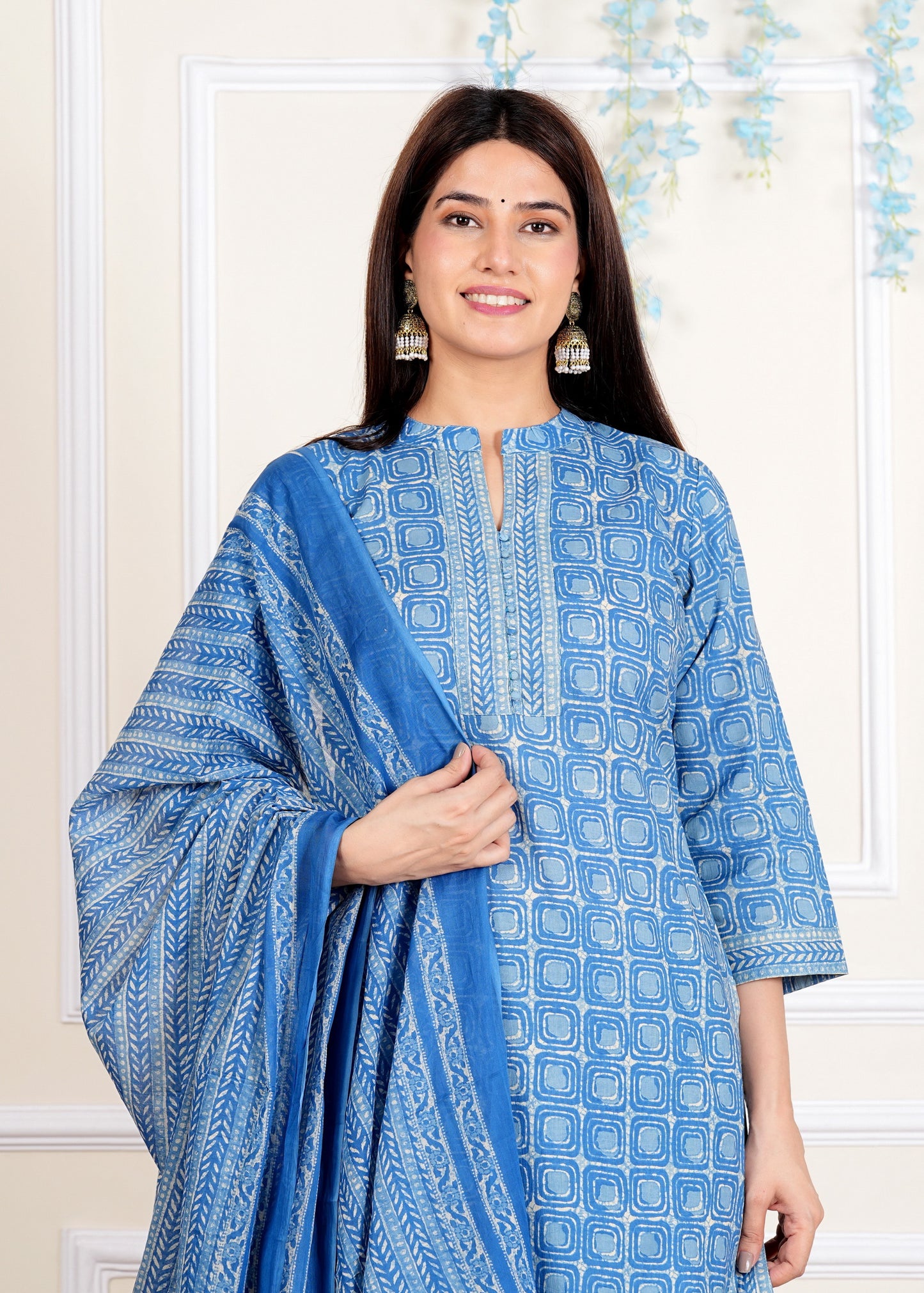 Blue Printed Straight Cotton Kurta Set