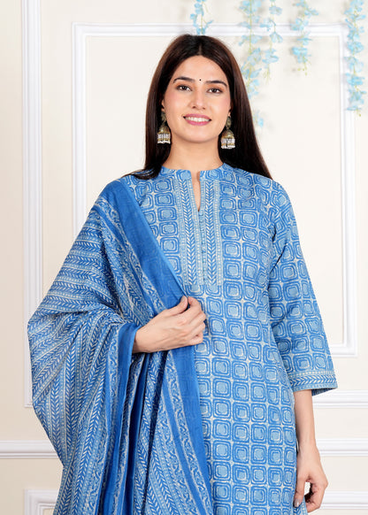 Blue Printed Straight Cotton Kurta Set