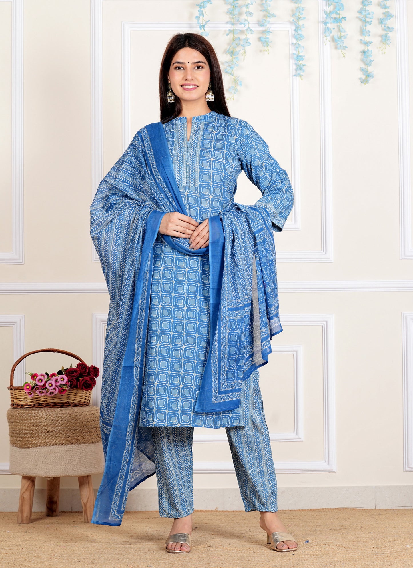 Blue Printed Straight Cotton Kurta Set