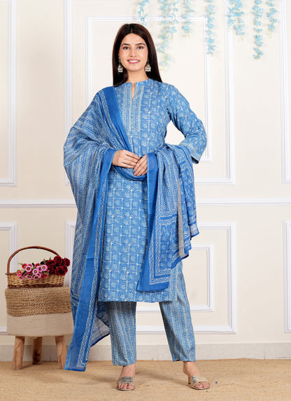 Blue Printed Straight Cotton Kurta Set