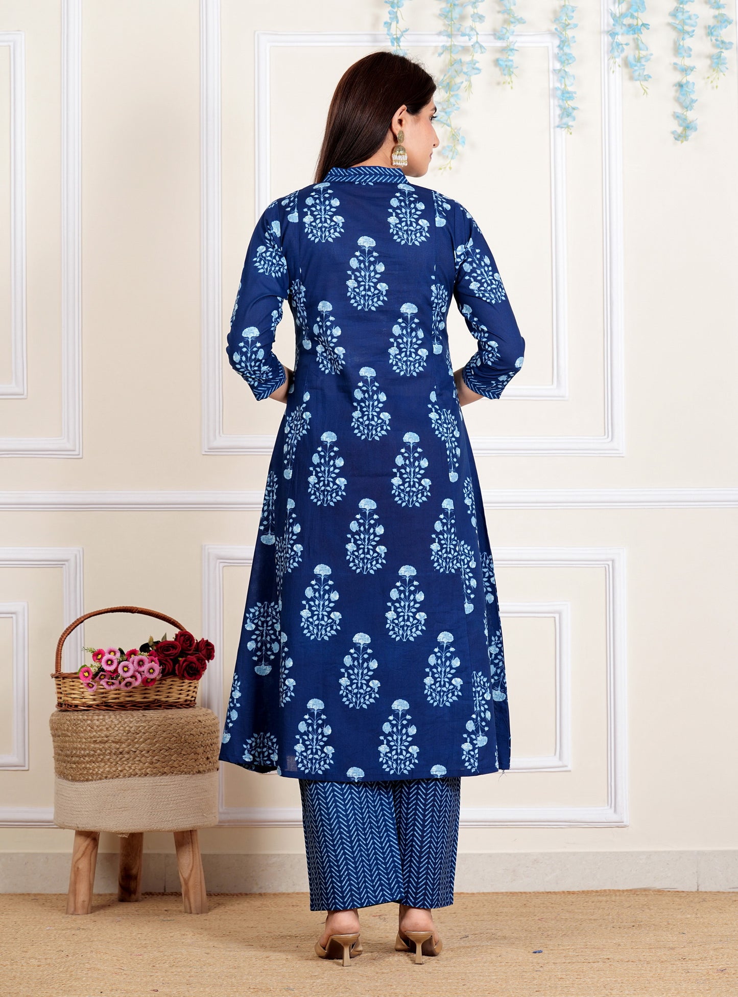 Blue Floral Printed Flared Cotton Stitched Kurta Set