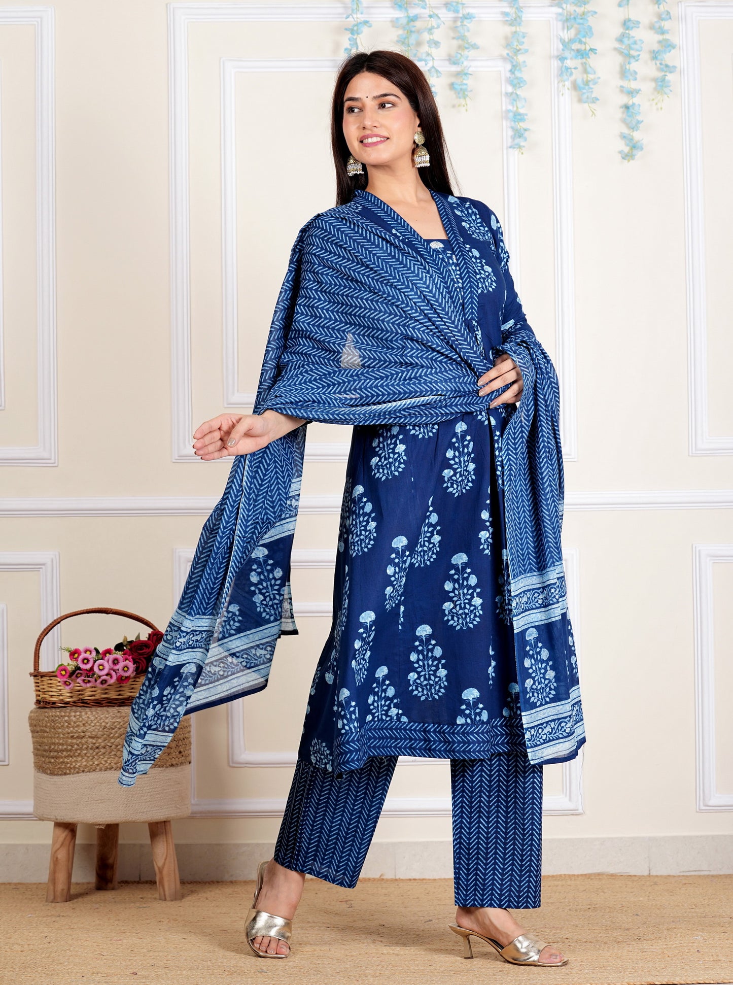 Blue Floral Printed Flared Cotton Stitched Kurta Set