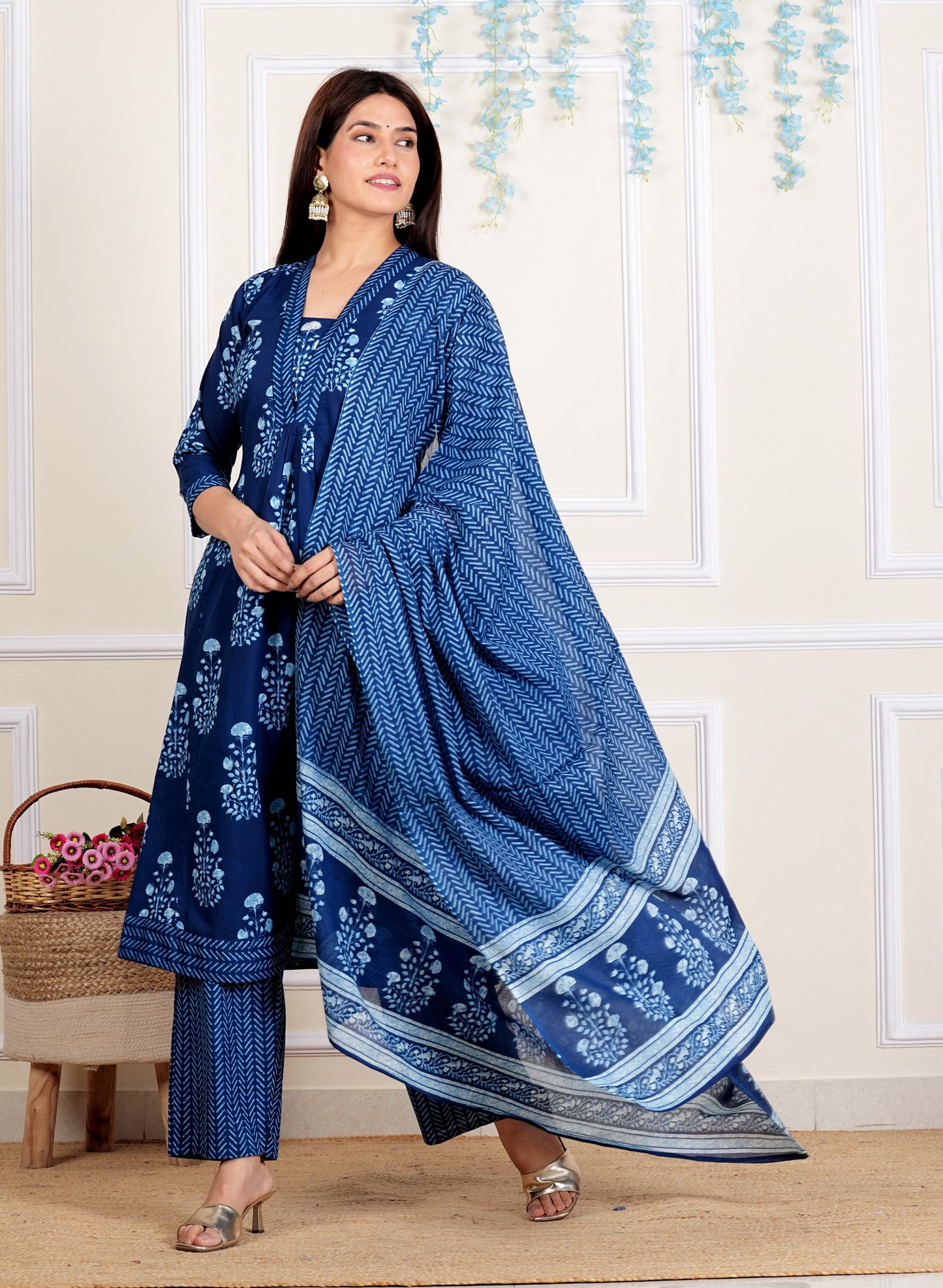 Blue Floral Printed Flared Cotton Stitched Kurta Set