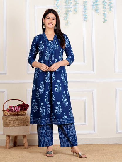 Blue Floral Printed Flared Cotton Stitched Kurta Set