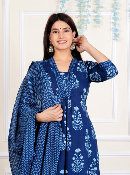 Blue Floral Printed Flared Cotton Stitched Kurta Set