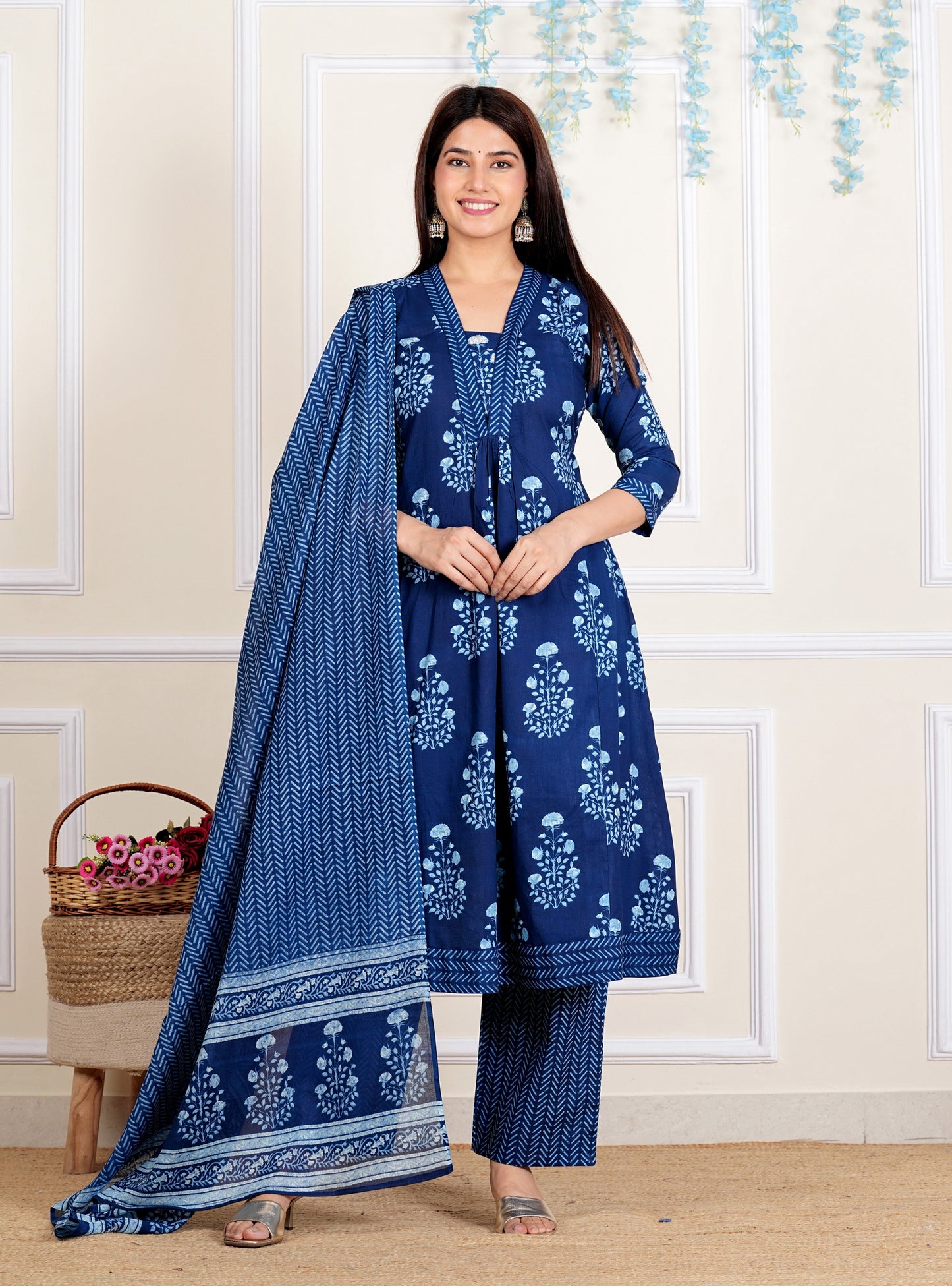 Blue Floral Printed Flared Cotton Stitched Kurta Set