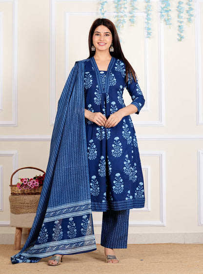 Blue Floral Printed Flared Cotton Stitched Kurta Set