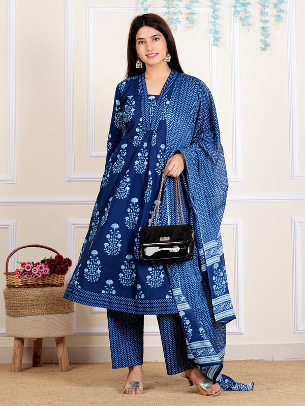 Blue Floral Printed Flared Cotton Stitched Kurta Set