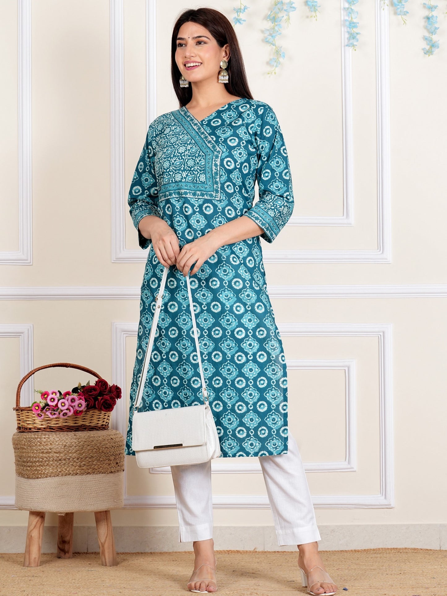 Aqua-blue Floral Printed Straight Cotton Kurta