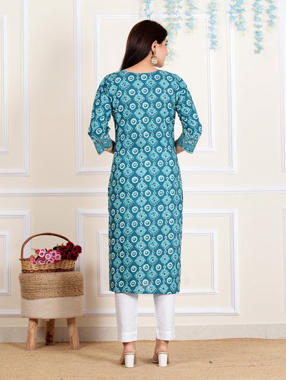 Aqua-blue Floral Printed Straight Cotton Kurta