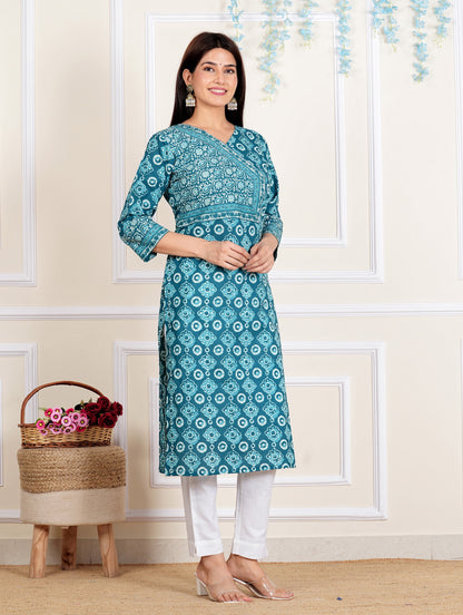 Aqua-blue Floral Printed Straight Cotton Kurta