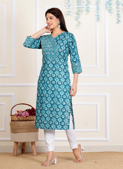 Aqua-blue Floral Printed Straight Cotton Kurta