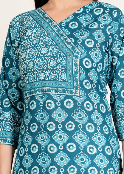 Aqua-blue Floral Printed Straight Cotton Kurta