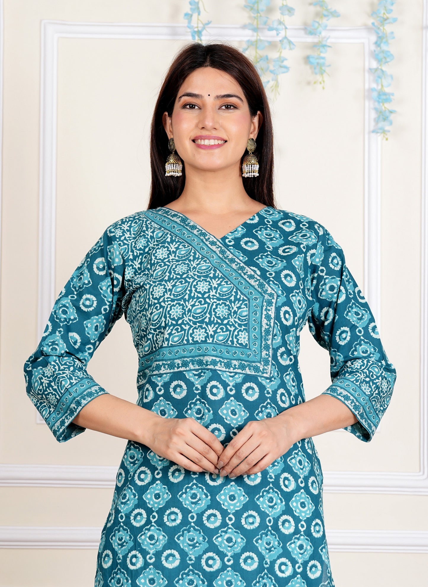 Aqua-blue Floral Printed Straight Cotton Kurta