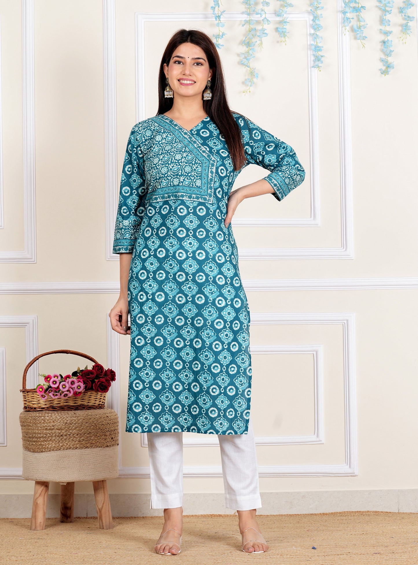 Aqua-blue Floral Printed Straight Cotton Kurta