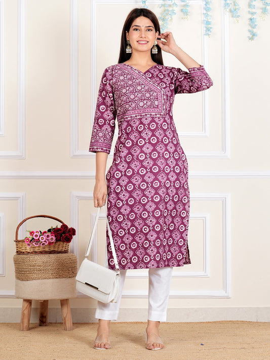 Purple Floral Printed Straight Cotton Kurta