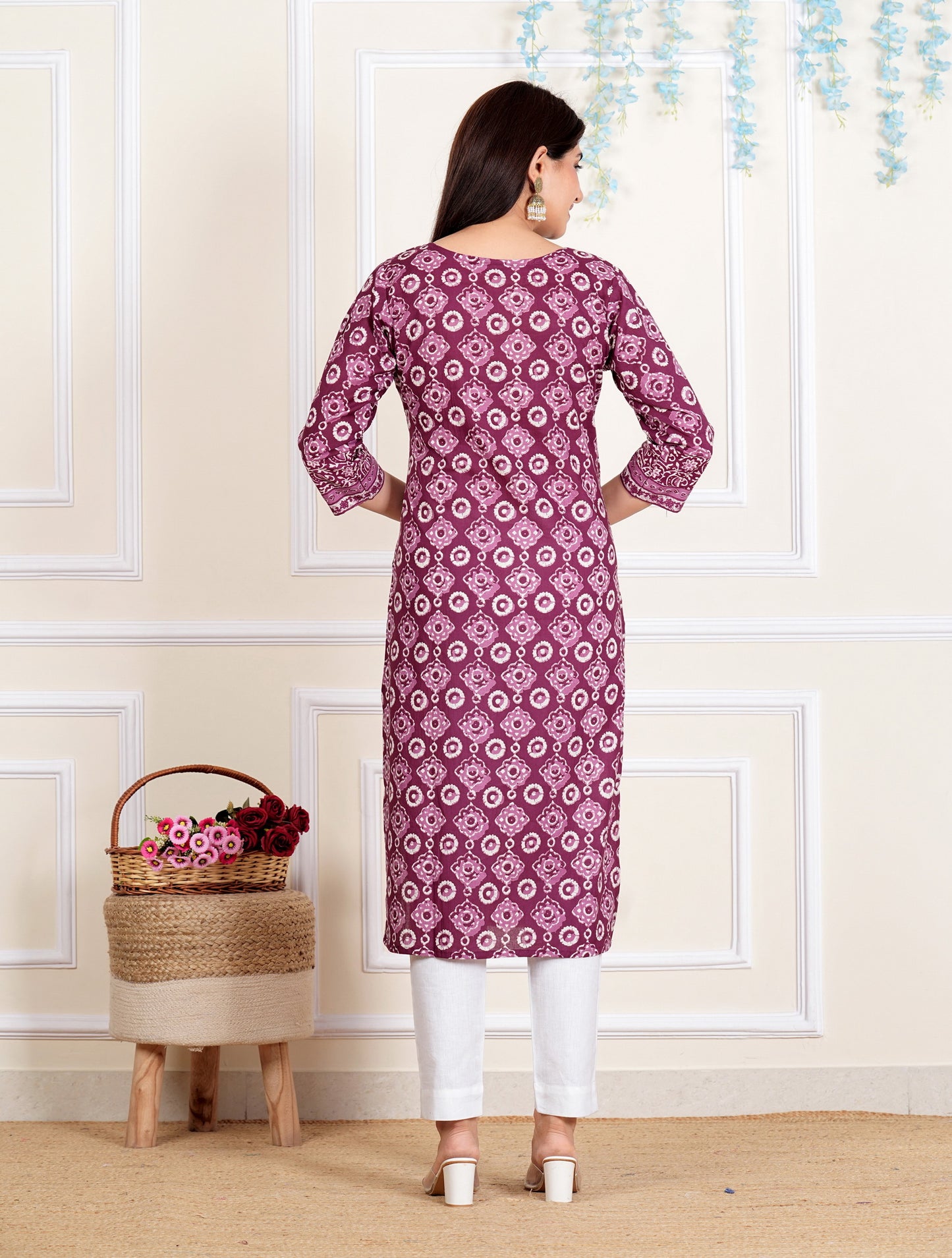 Purple Floral Printed Straight Cotton Kurta