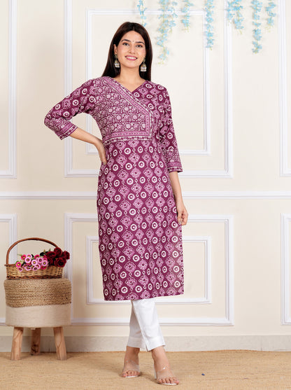 Purple Floral Printed Straight Cotton Kurta