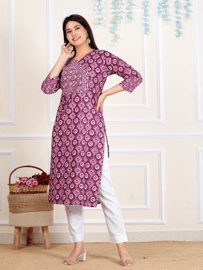 Purple Floral Printed Straight Cotton Kurta