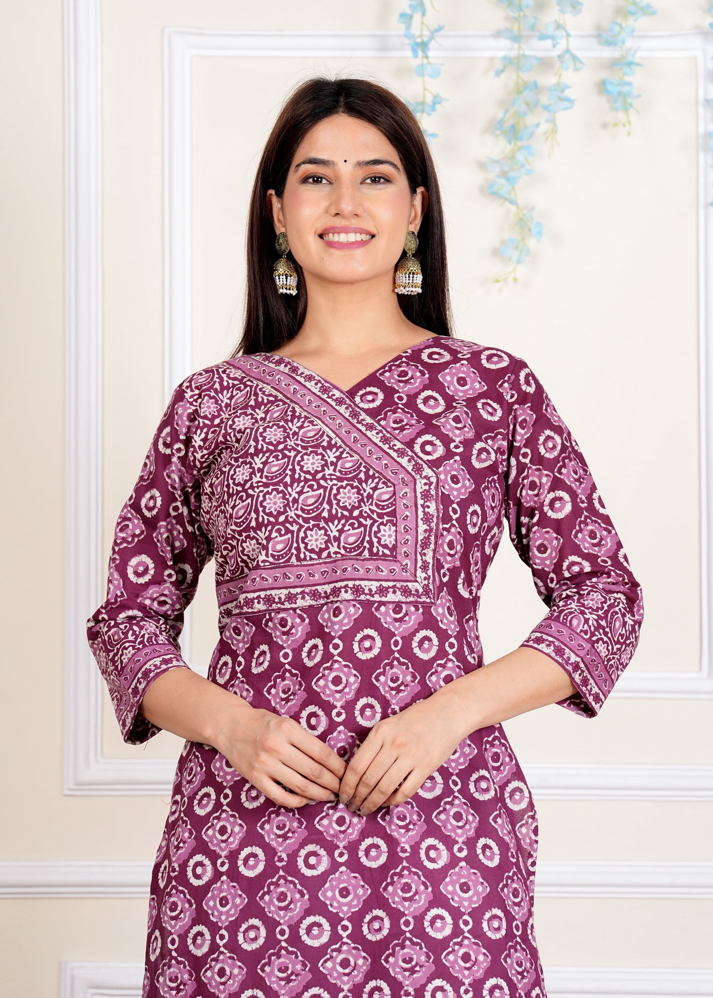 Purple Floral Printed Straight Cotton Kurta