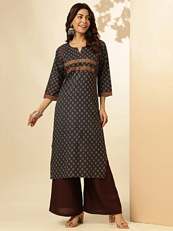 Navy Blue Floral Print Straight Cotton Stitched Kurta