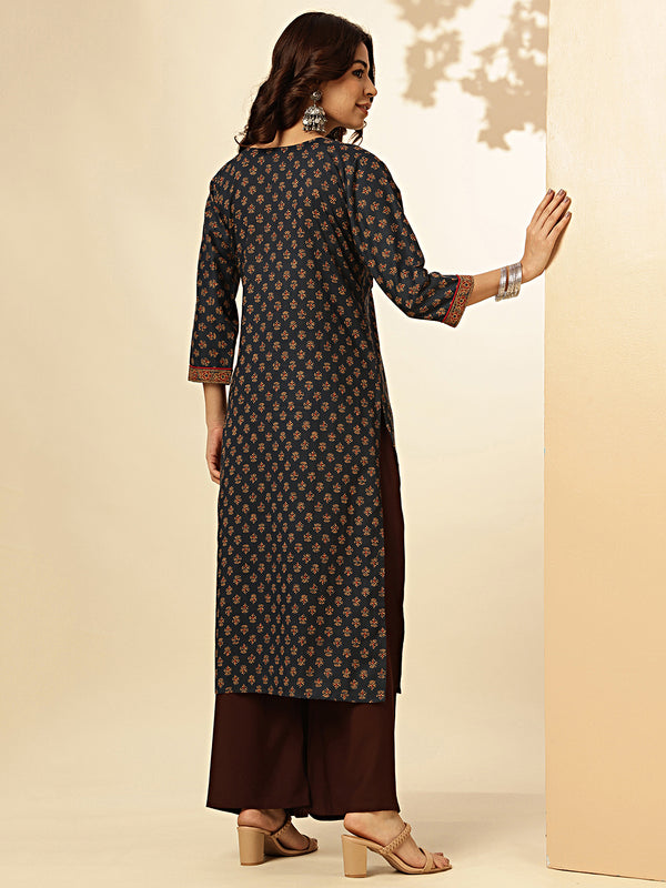 Navy Blue Floral Print Straight Cotton Stitched Kurta